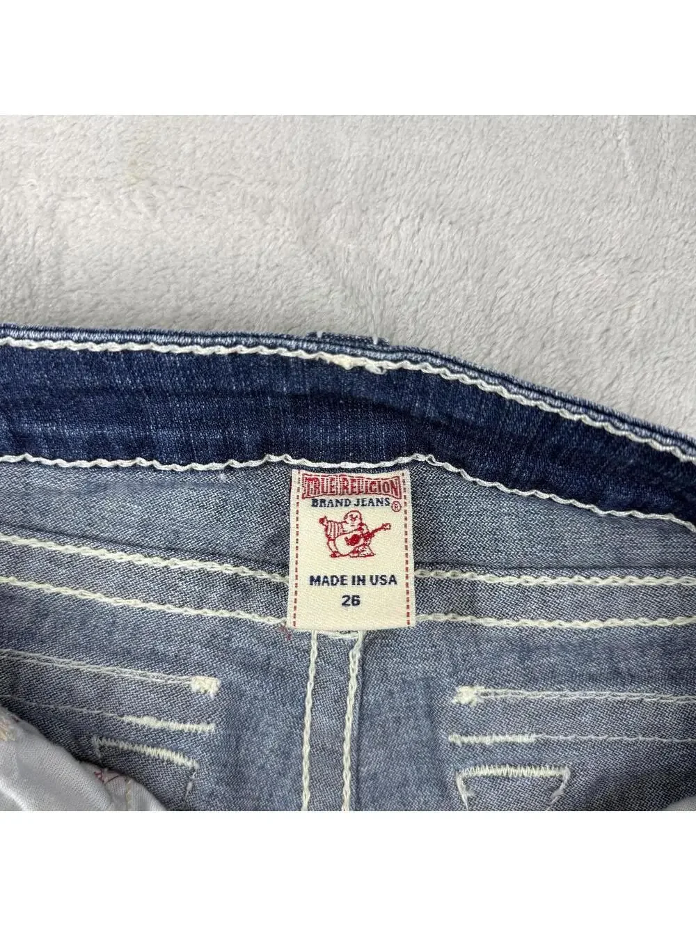 True Religion Blue Denim Jeans Women 28x31 USA Made Striaght Leg Y2K Rainstone - Picture 8 of 12
